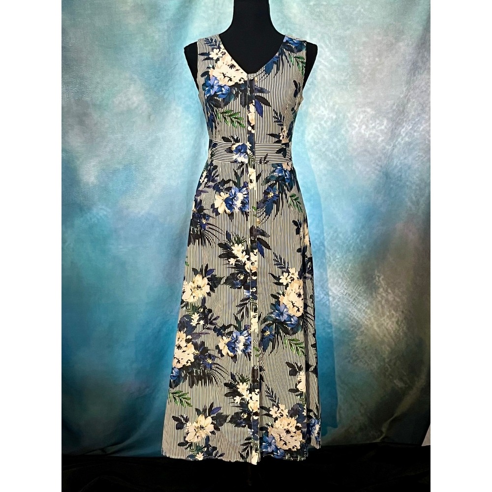 Rienda Japanese Floral Stripe Midi Dress Blue White‎ Fit Flare Cottagecore S